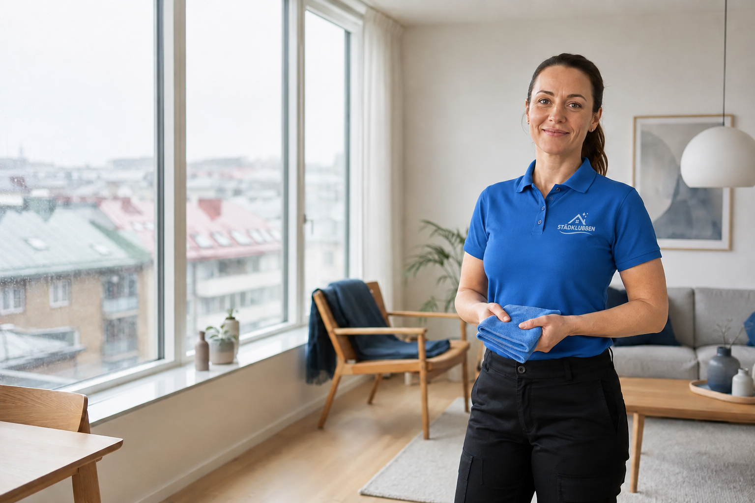 Professionell städare från Städklubben i blå pikétröja och svarta byxor